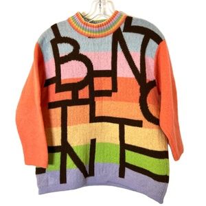 Benetton Vintage Shetland Wool Rare Colorblock Logo Double Knit Sweater size M